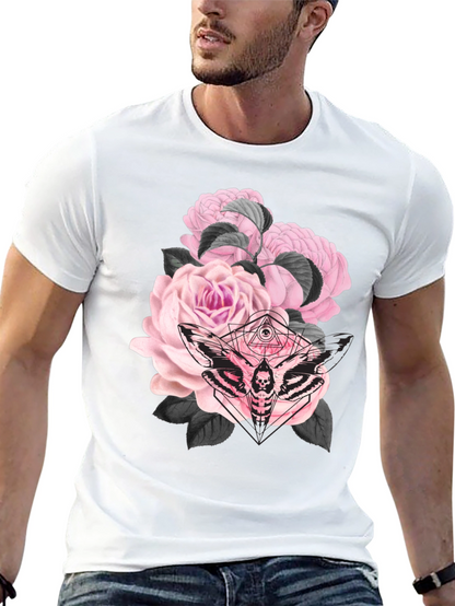 Camiseta Negra con Estampado de Rosas y Polilla