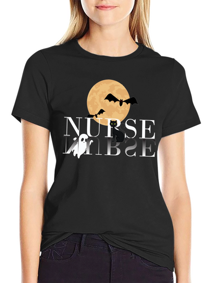 Camiseta Halloween Enfermera: Luna Murciélagos y Gato
