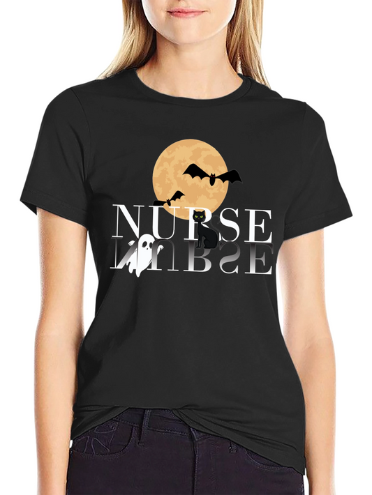 Camiseta Halloween Enfermera: Luna Murciélagos y Gato