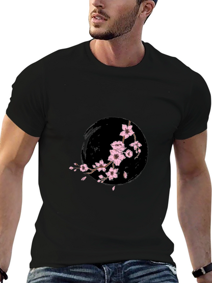 Camiseta Negra con Diseño Floral Japonés