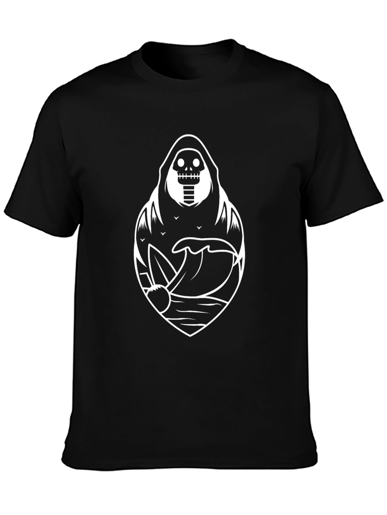 Camiseta Negra con Diseño Surfista Esqueleto