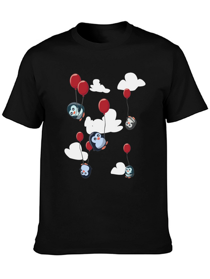 Camiseta Negra Estampada con Pingüinos Voladores
