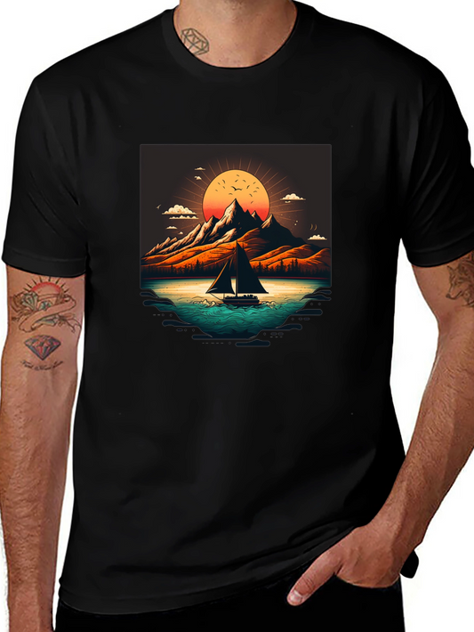 Camiseta Negra con Diseño de Paisaje Montañoso