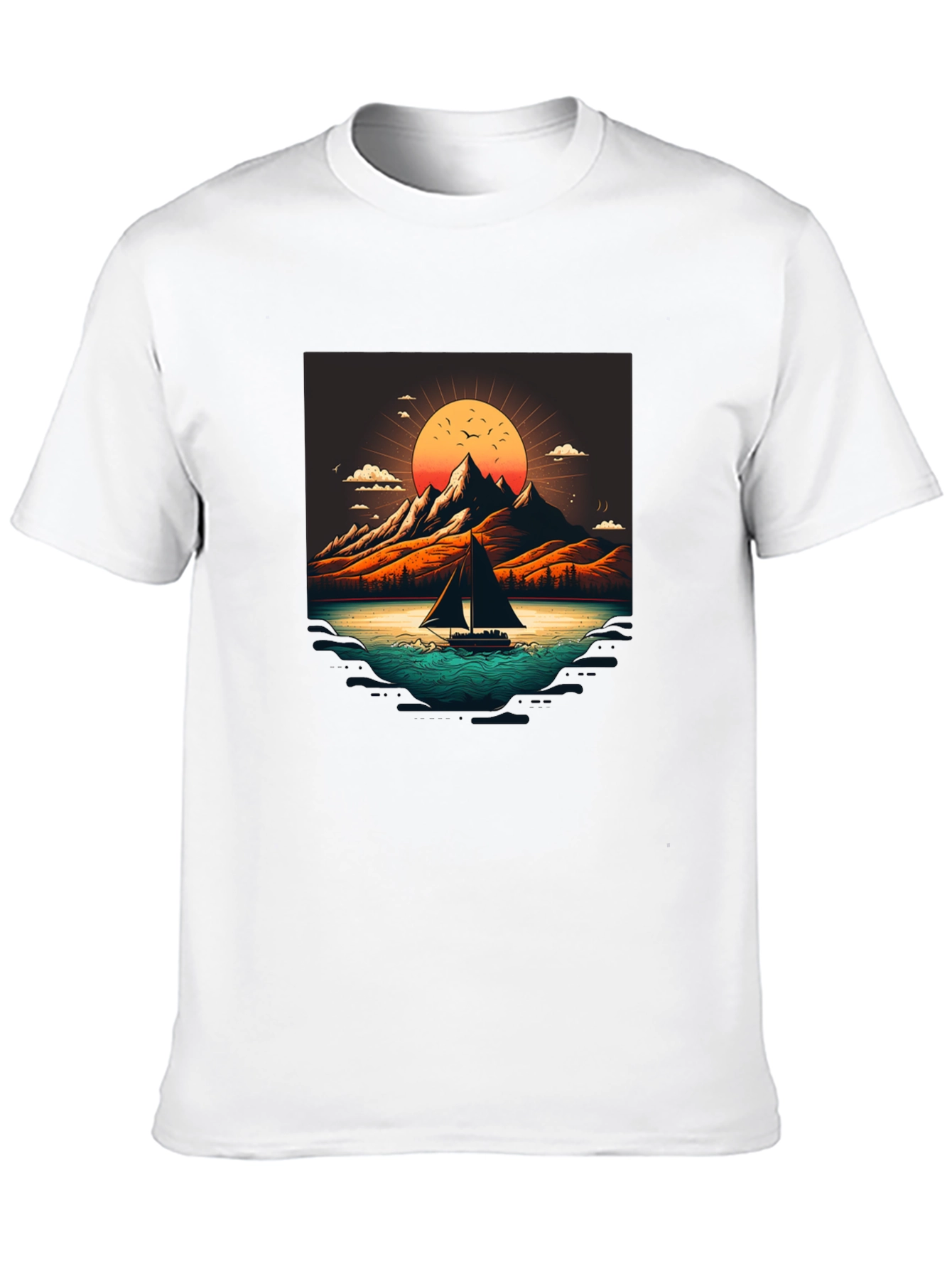Camiseta Negra con Diseño de Paisaje Montañoso