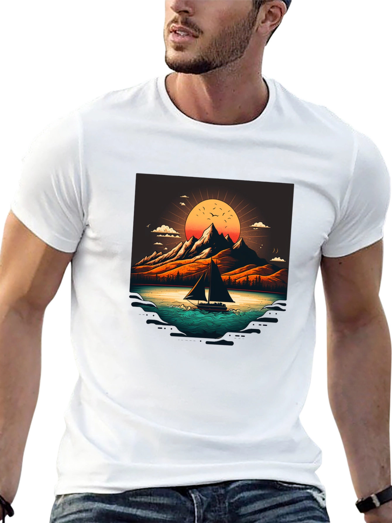 Camiseta Negra con Diseño de Paisaje Montañoso