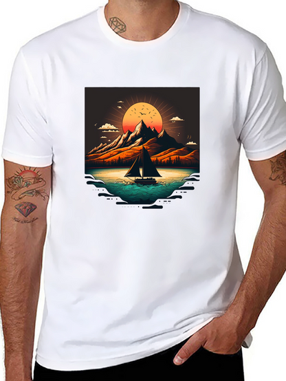 Camiseta Negra con Diseño de Paisaje Montañoso