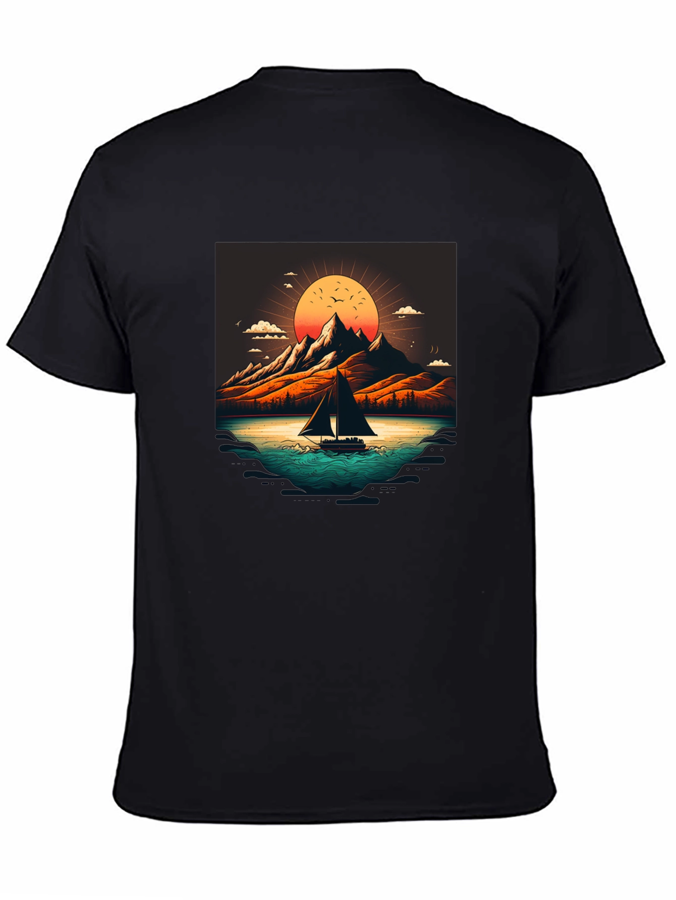 Camiseta Negra con Diseño de Paisaje Montañoso