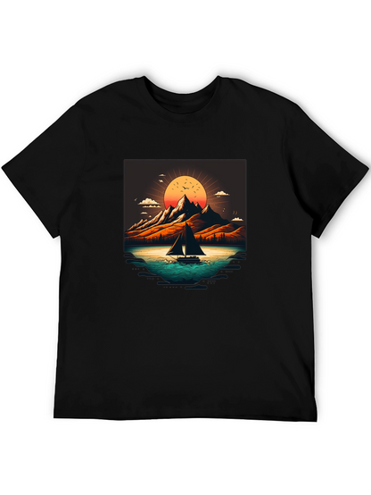 Camiseta Negra con Diseño de Paisaje Montañoso