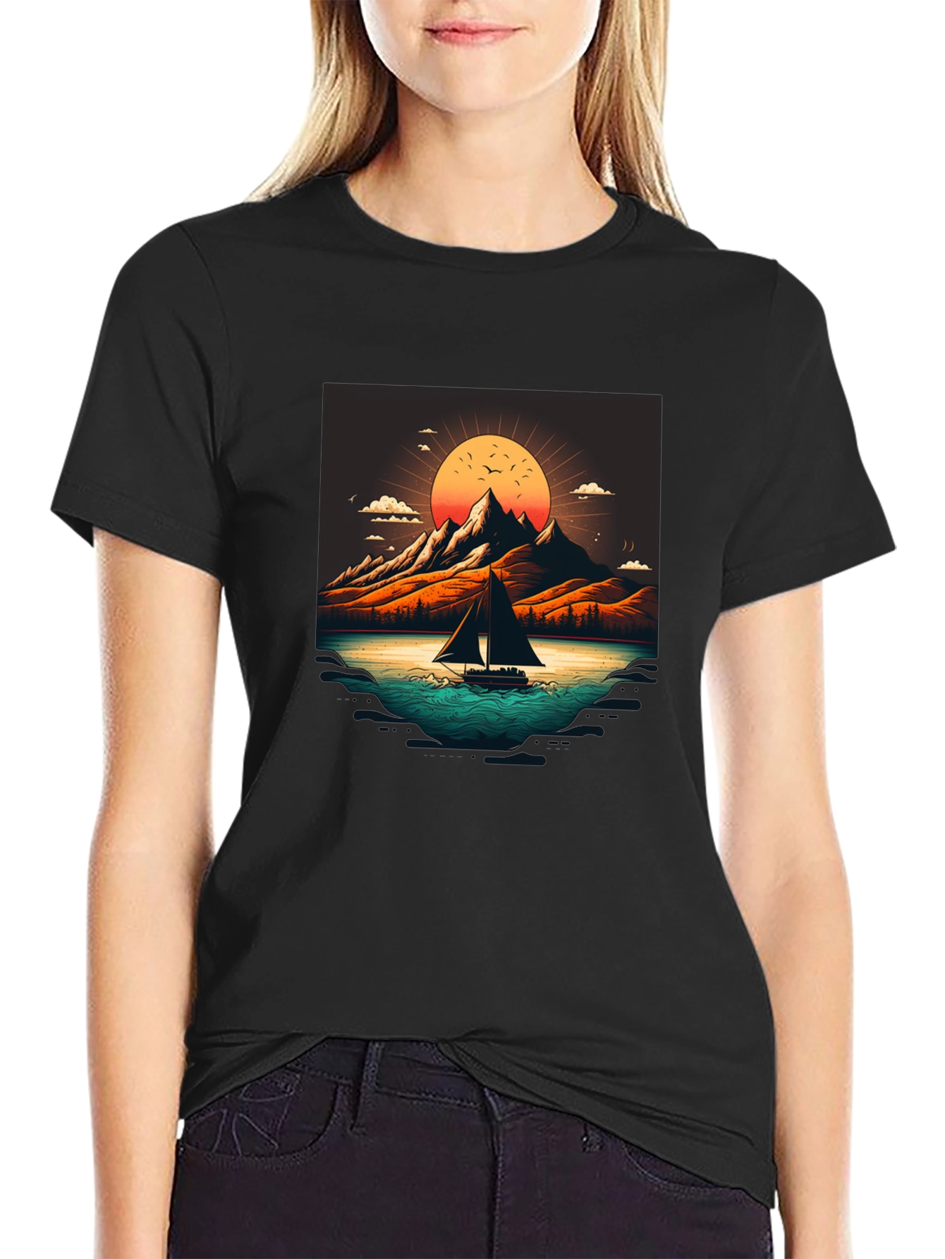 Camiseta Negra con Diseño de Paisaje Montañoso