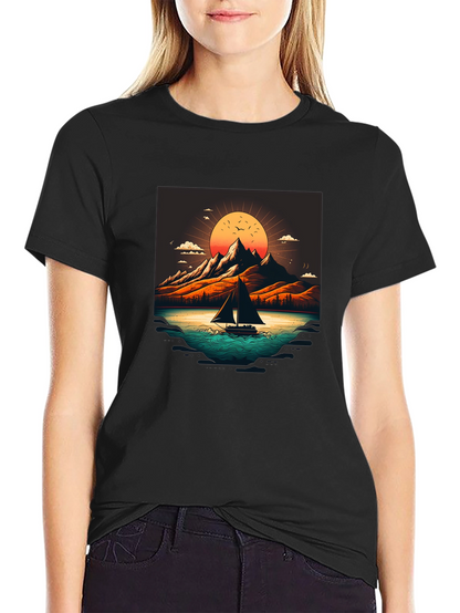 Camiseta Negra con Diseño de Paisaje Montañoso