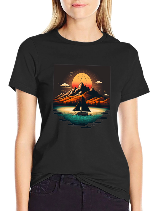 Camiseta Negra con Diseño de Paisaje Montañoso