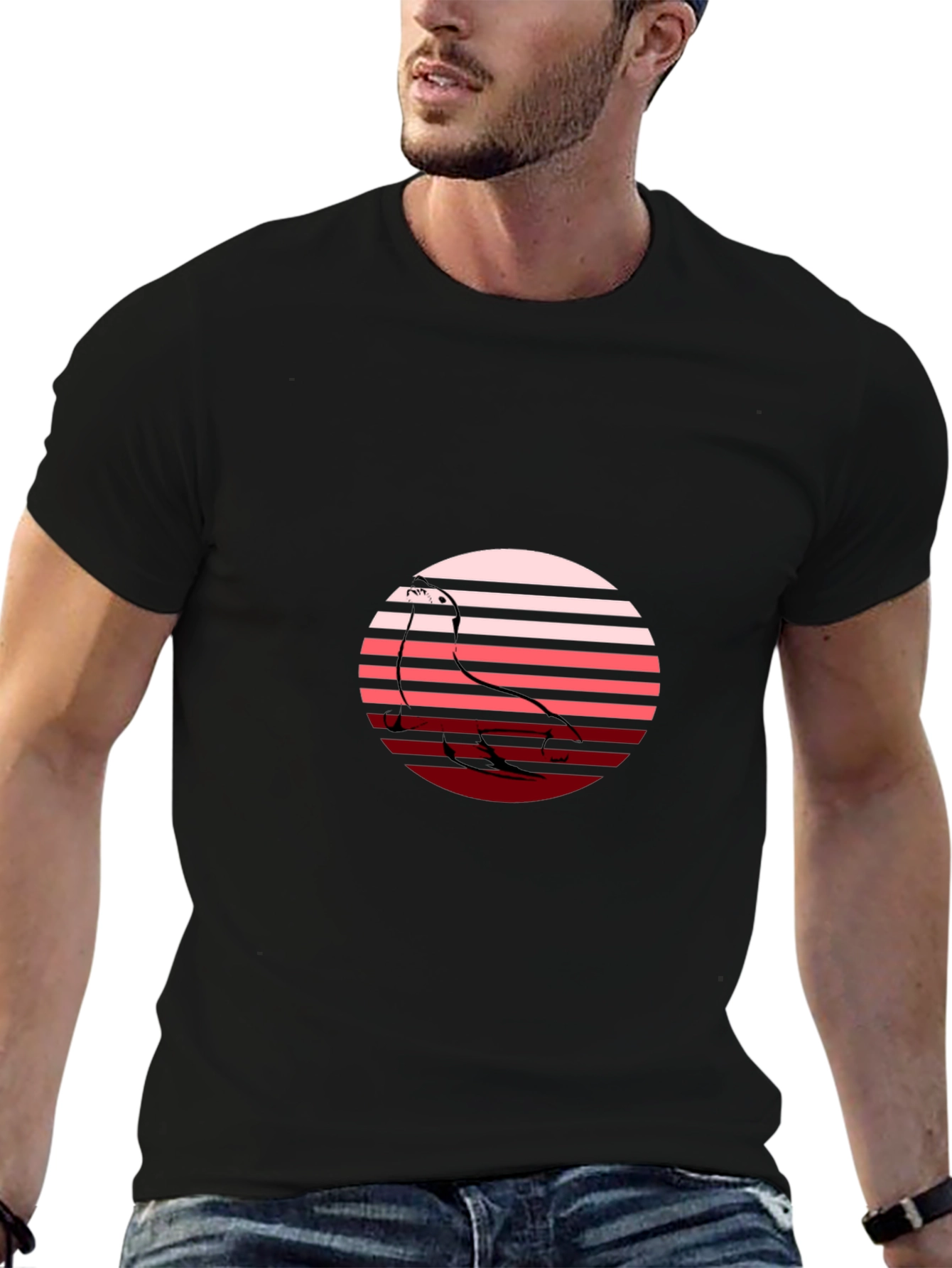 Camiseta Hombre Negra con Diseño Retro de Ave
