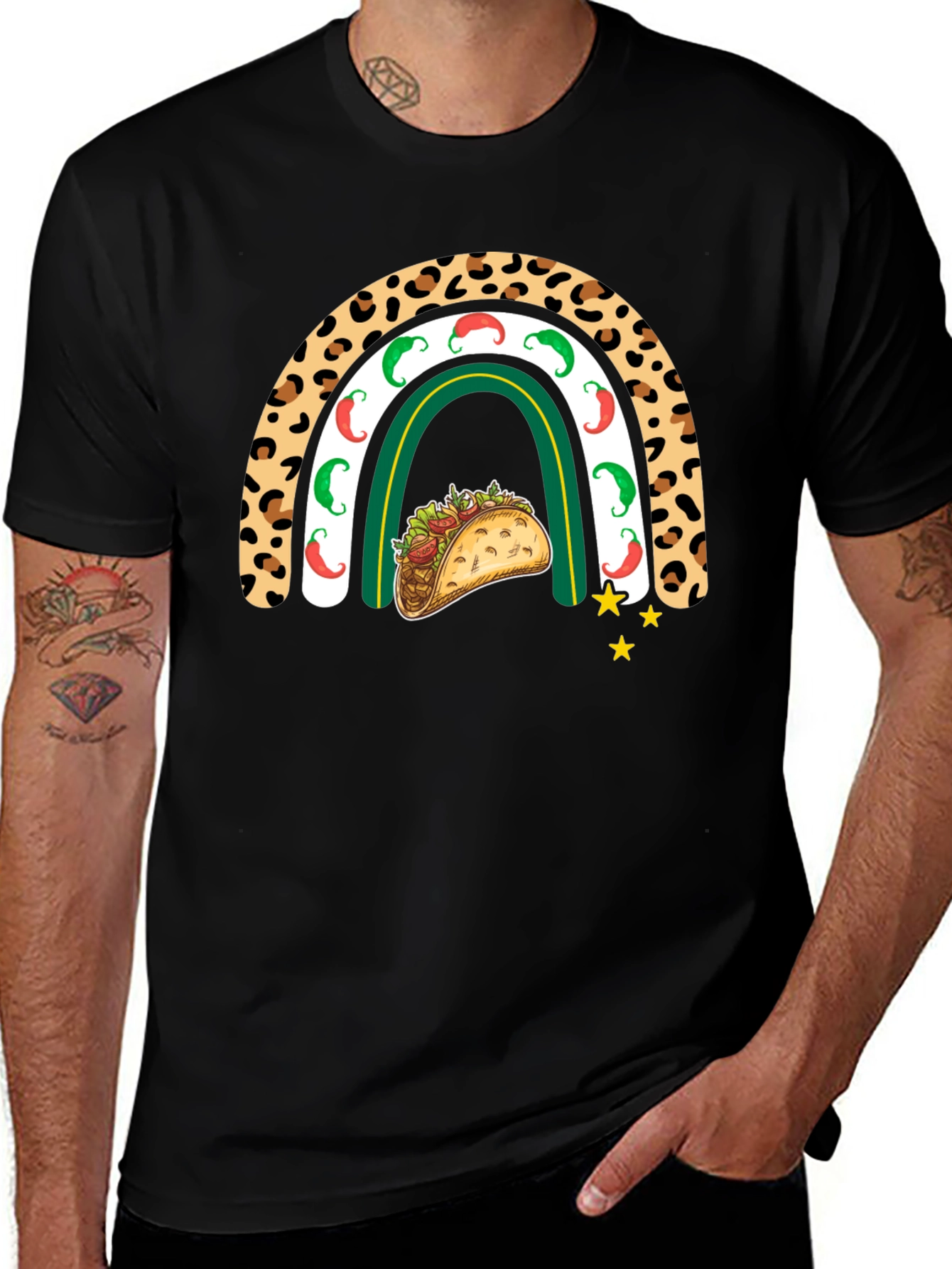 Camiseta Negra con Diseño de Taco y Arcoíris