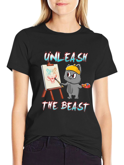 Camiseta Negra: Gato Artista Unleash The Beast