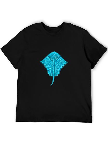Camiseta Negra con Diseño de Mantarraya Tribal Azul