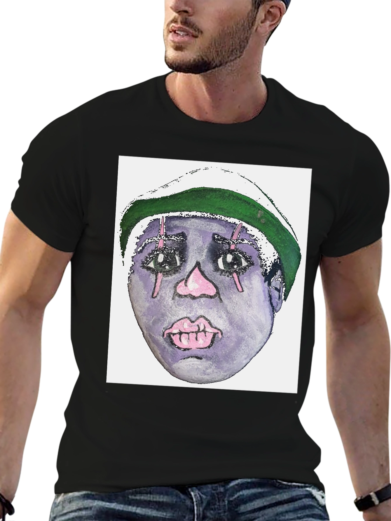 Camiseta Negra con Diseño Artístico Facial