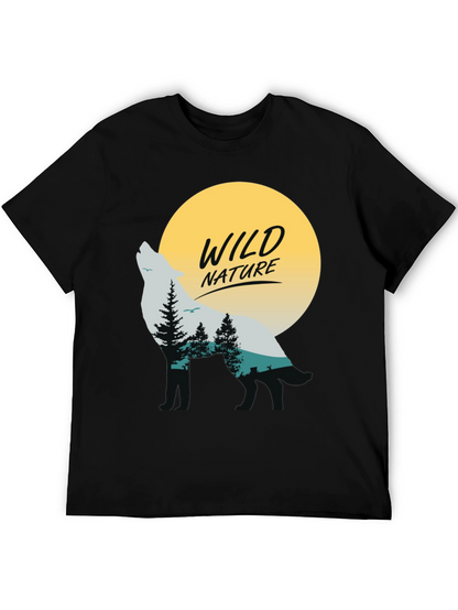 Camiseta Negra Hombre - Diseño Lobo y Naturaleza Salvaje