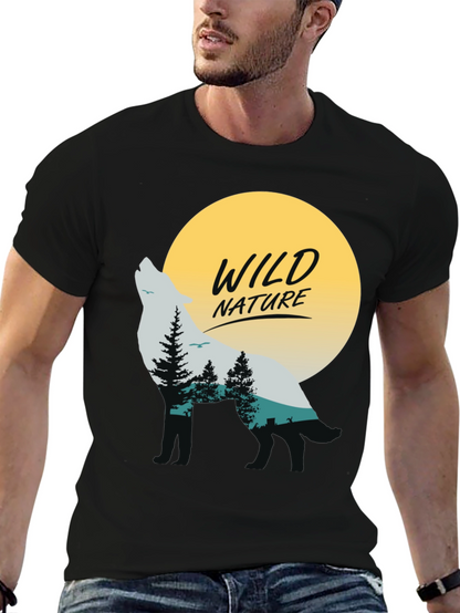 Camiseta Negra Hombre - Diseño Lobo y Naturaleza Salvaje
