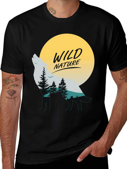 Camiseta Negra Hombre - Diseño Lobo y Naturaleza Salvaje