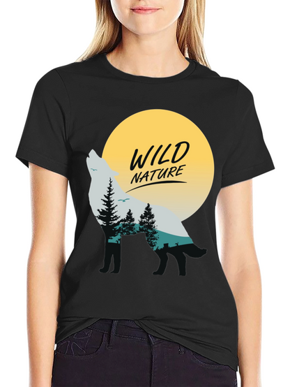 Camiseta Negra Hombre - Diseño Lobo y Naturaleza Salvaje