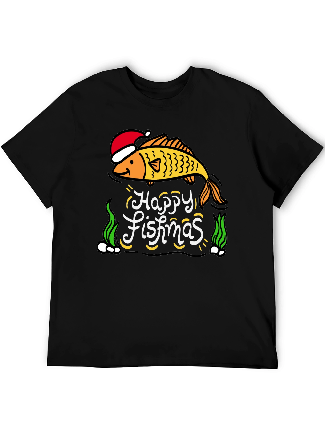 Camiseta Negra Navideña con Diseño de Pez Happy Fishmas