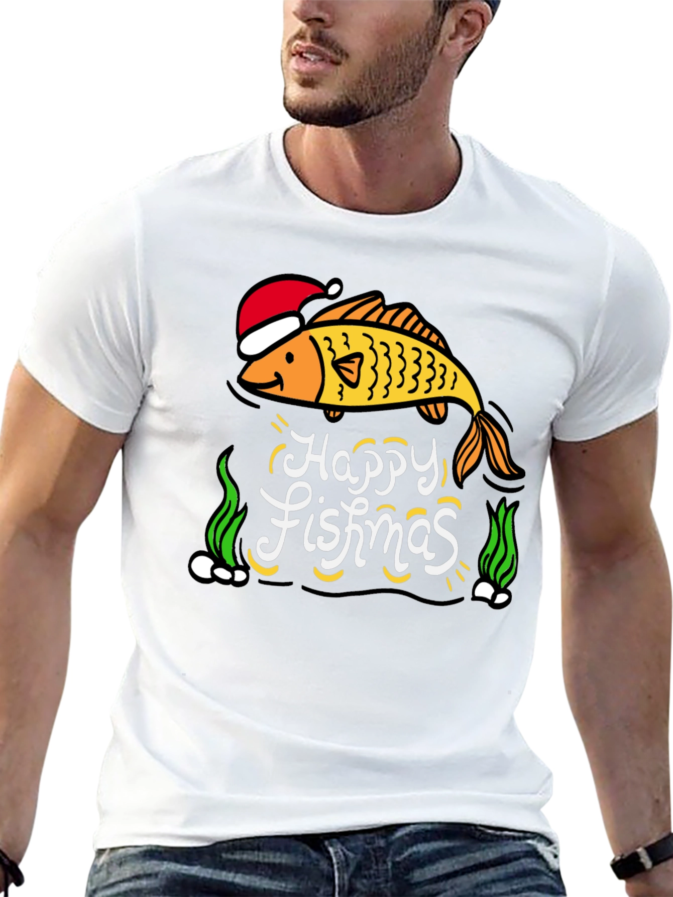 Camiseta Negra Navideña con Diseño de Pez Happy Fishmas