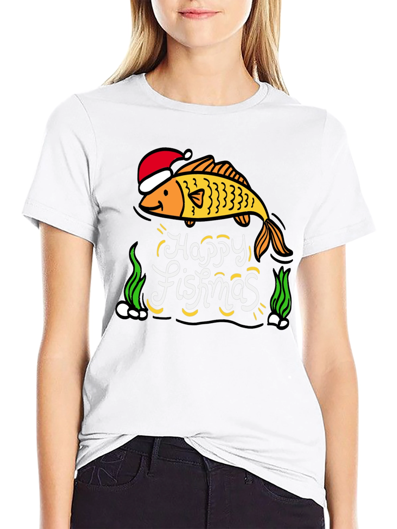 Camiseta Negra Navideña con Diseño de Pez Happy Fishmas