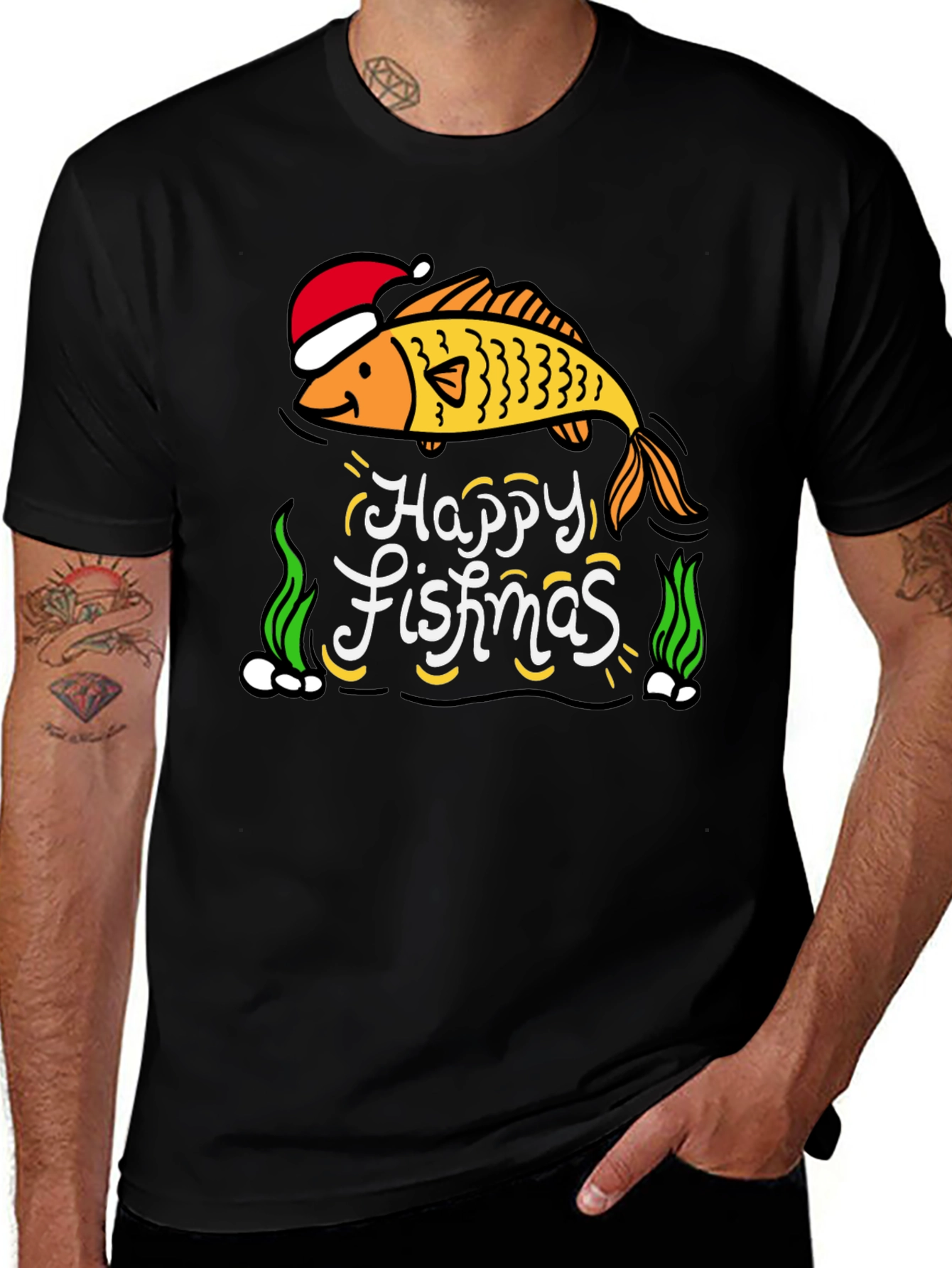 Camiseta Negra Navideña con Diseño de Pez Happy Fishmas