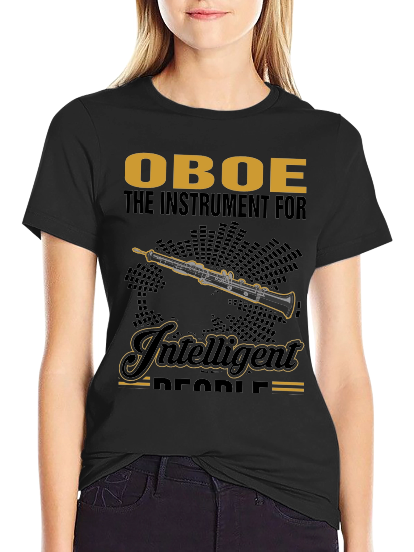 Camiseta Negra con Diseño de Oboe para Músicos Inteligentes