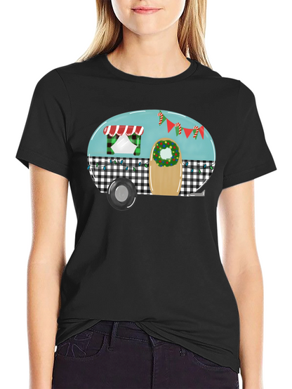 Camiseta Negra con Diseño de Camper Navideña