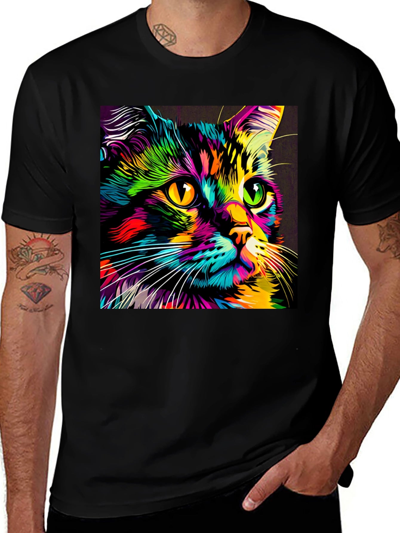 Camiseta Negra con Estampado de Gato Neón