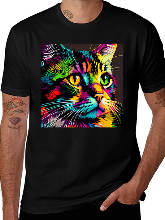 Camiseta Negra con Estampado de Gato Neón
