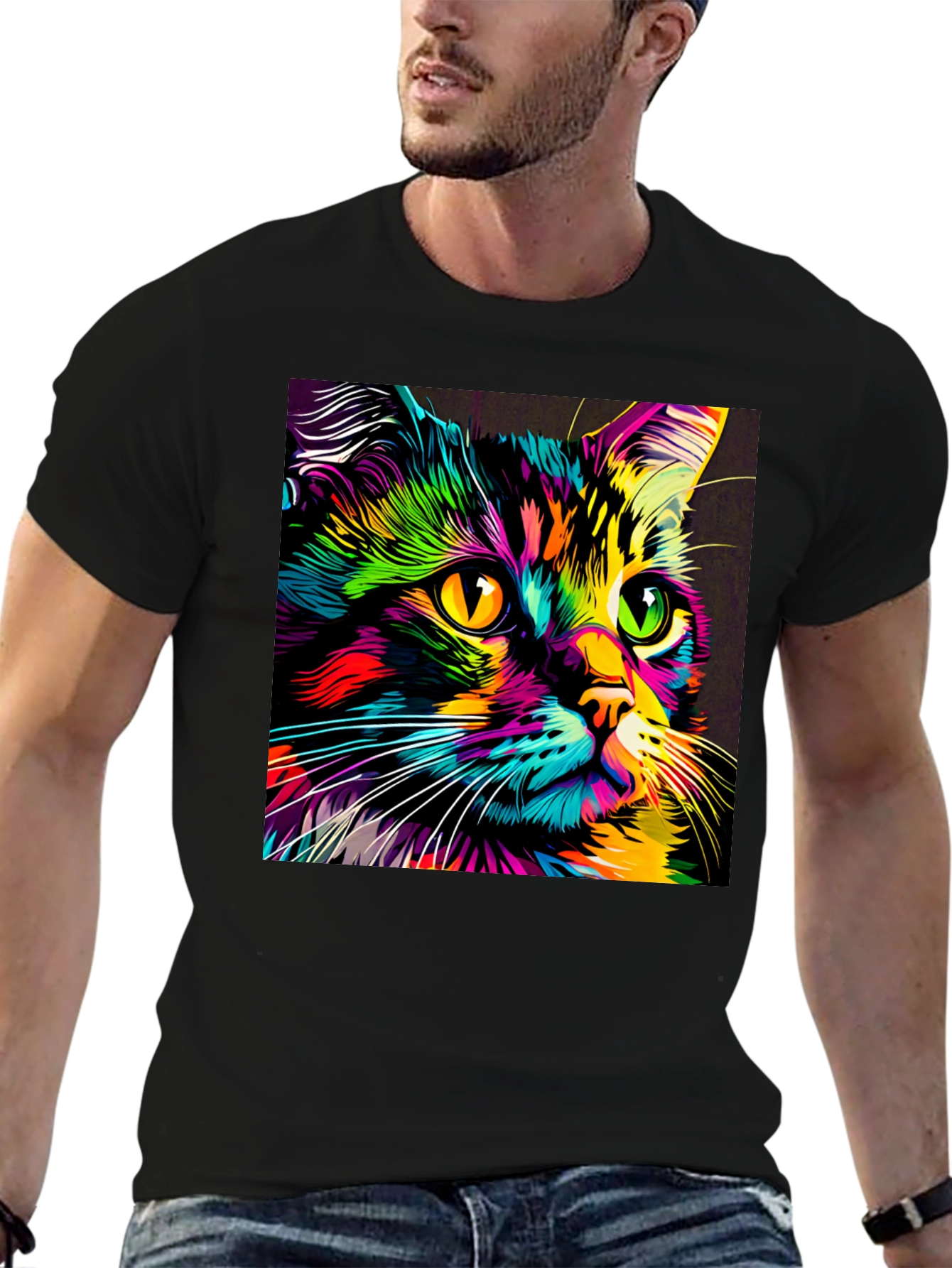 Camiseta Negra con Estampado de Gato Neón
