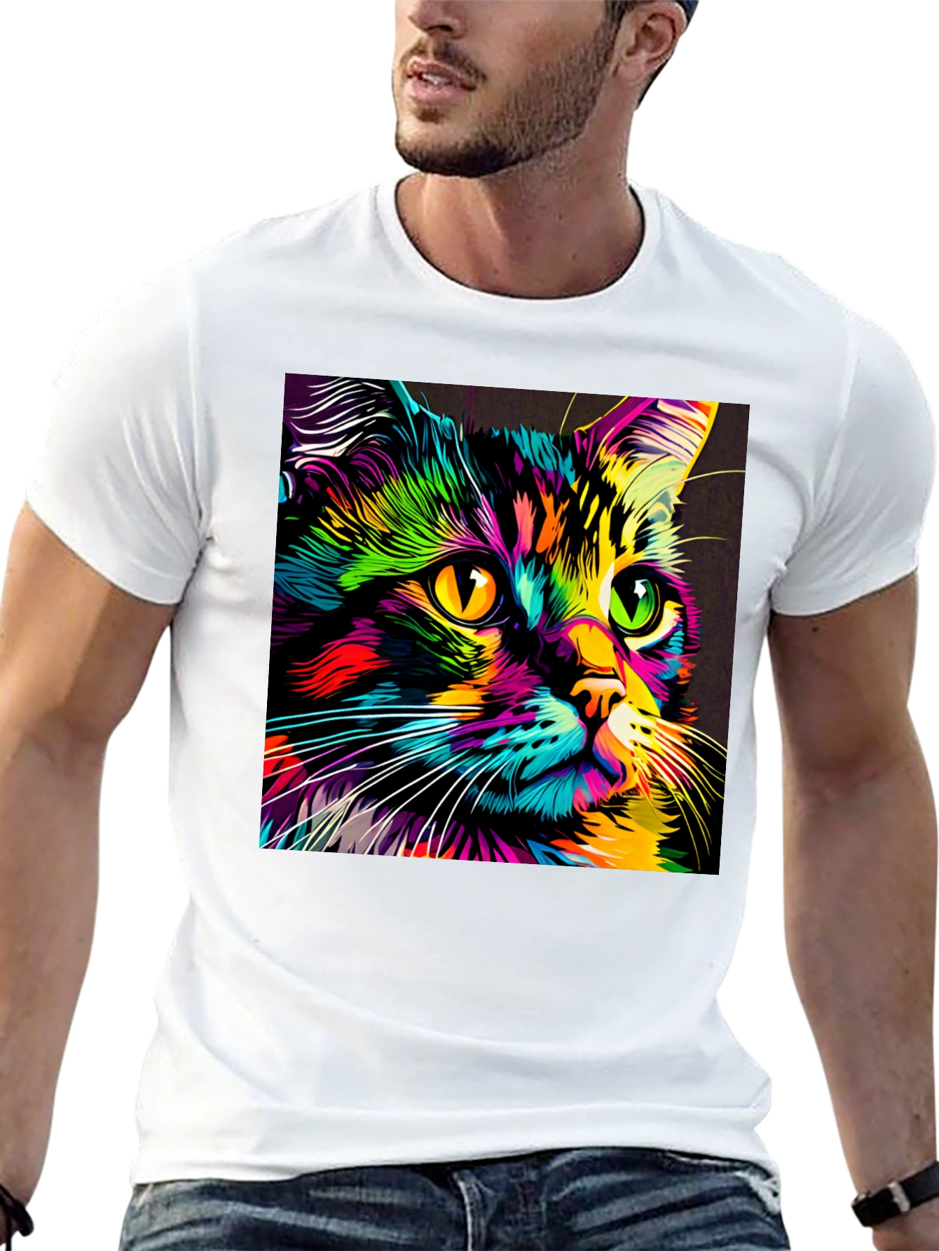Camiseta Negra con Estampado de Gato Neón