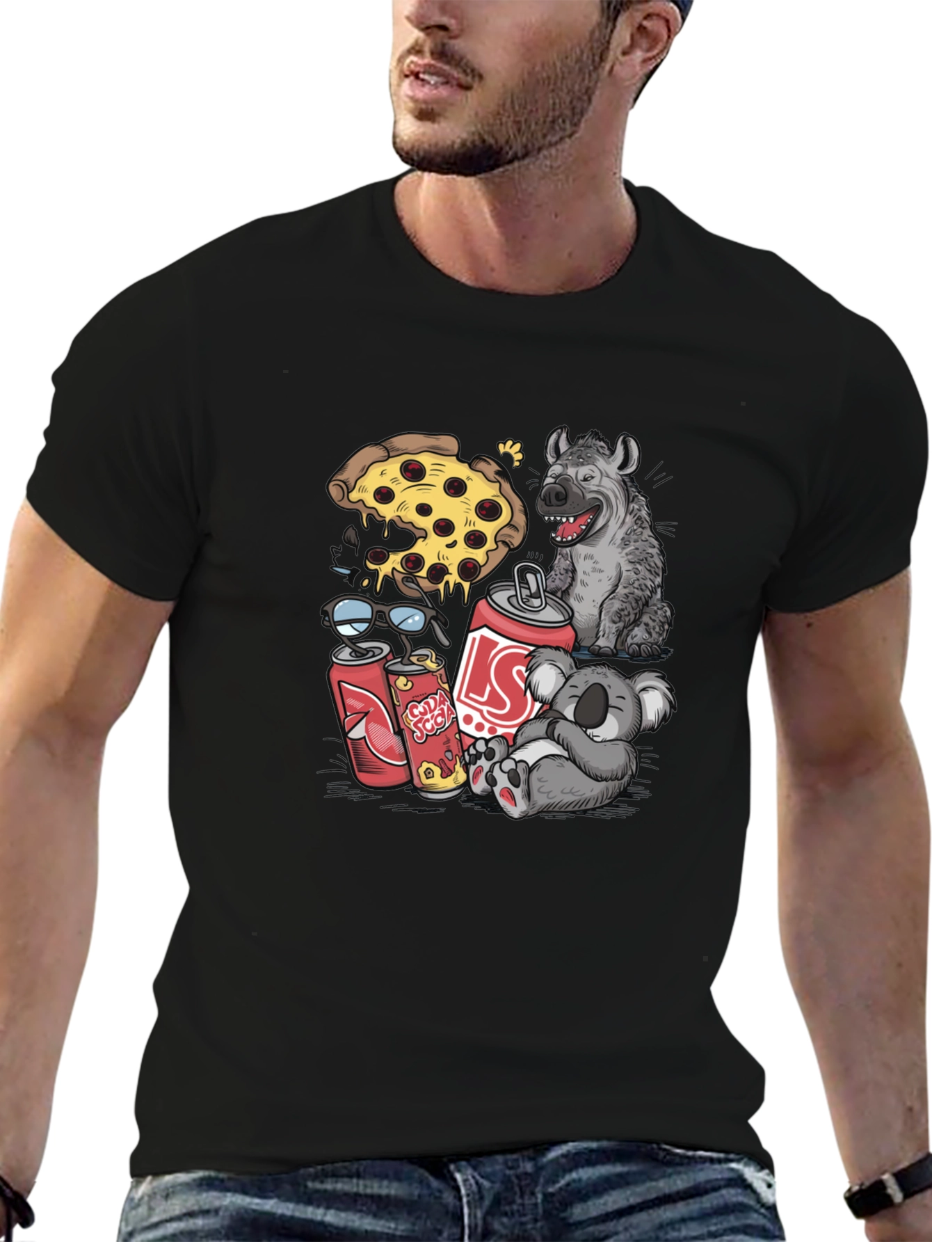 Camiseta Negra Estampada: Pizza Hiena Koala Soda