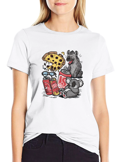 Camiseta Negra Estampada: Pizza Hiena Koala Soda