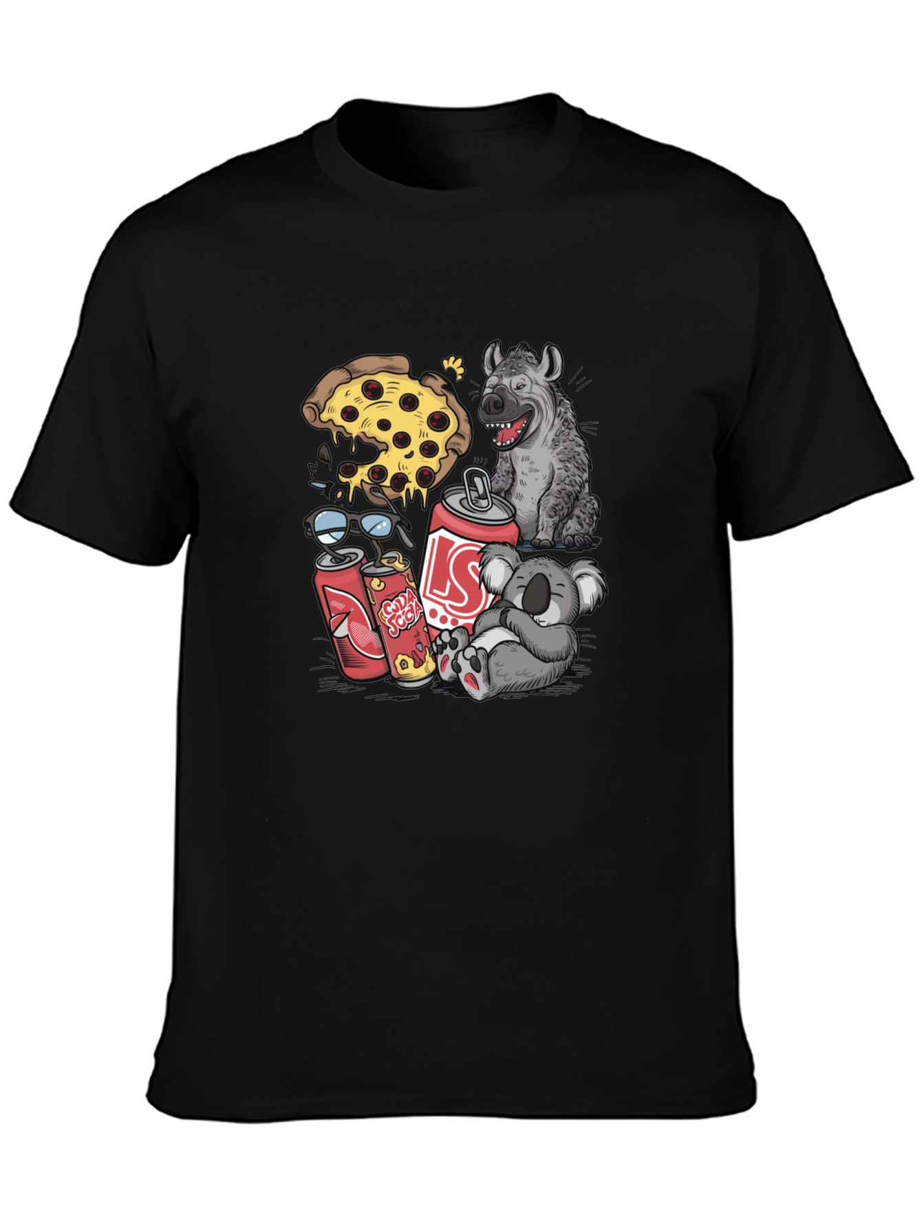 Camiseta Negra Estampada: Pizza Hiena Koala Soda