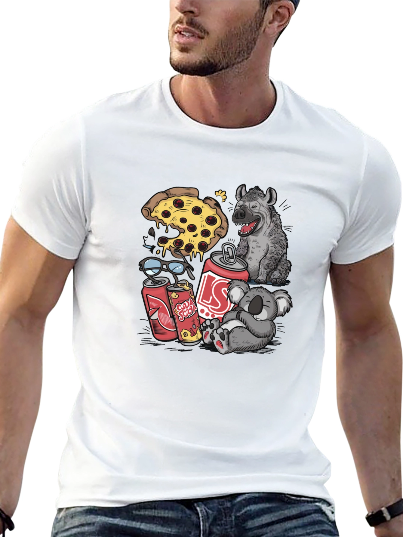 Camiseta Negra Estampada: Pizza Hiena Koala Soda