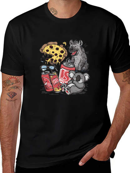 Camiseta Negra Estampada: Pizza Hiena Koala Soda