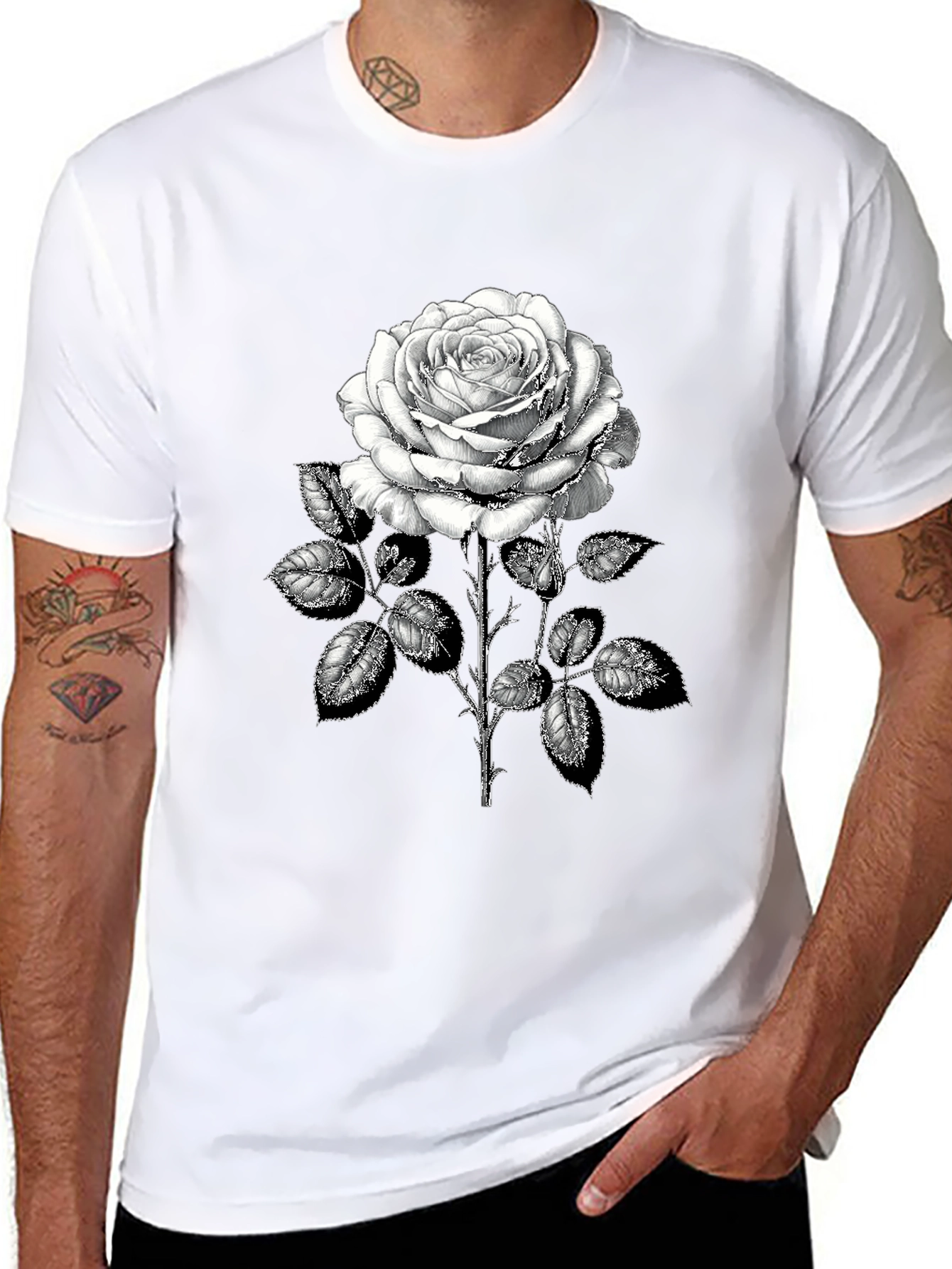 Camiseta Negra con Rosa Blanca Estampada