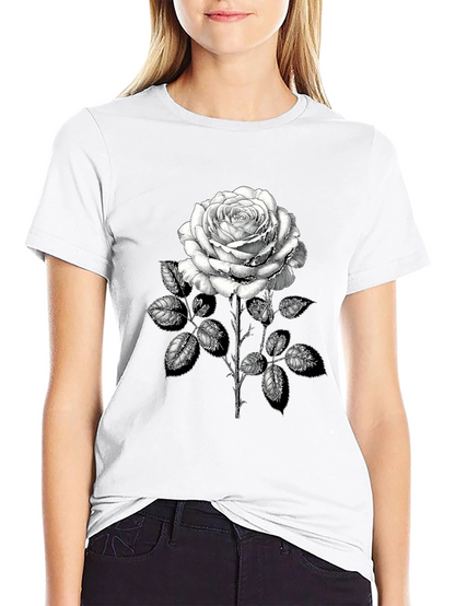 Camiseta Negra con Rosa Blanca Estampada
