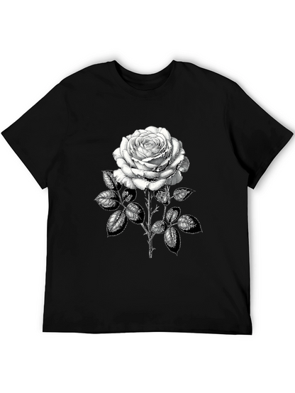 Camiseta Negra con Rosa Blanca Estampada
