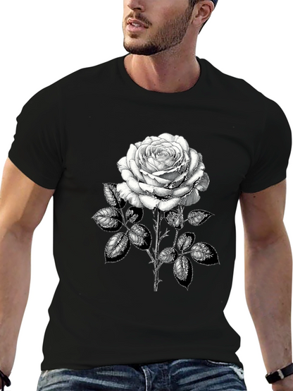 Camiseta Negra con Rosa Blanca Estampada