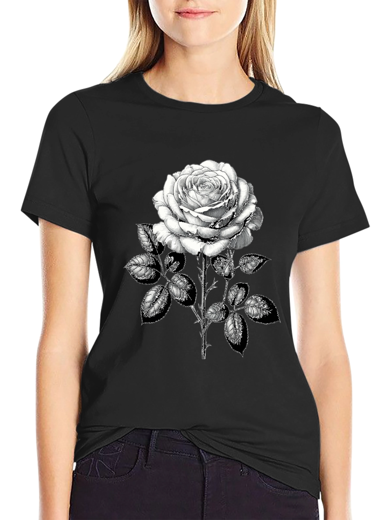 Camiseta Negra con Rosa Blanca Estampada