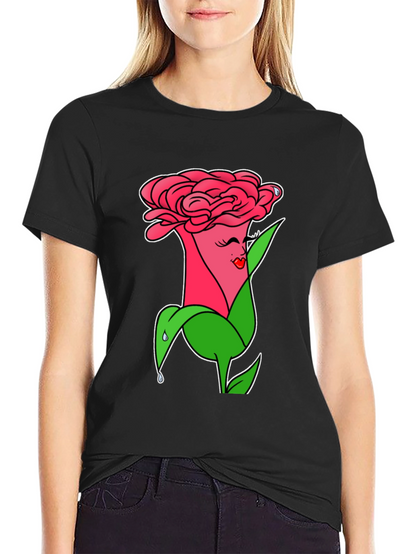 Camiseta Negra con Diseño Floral Animado