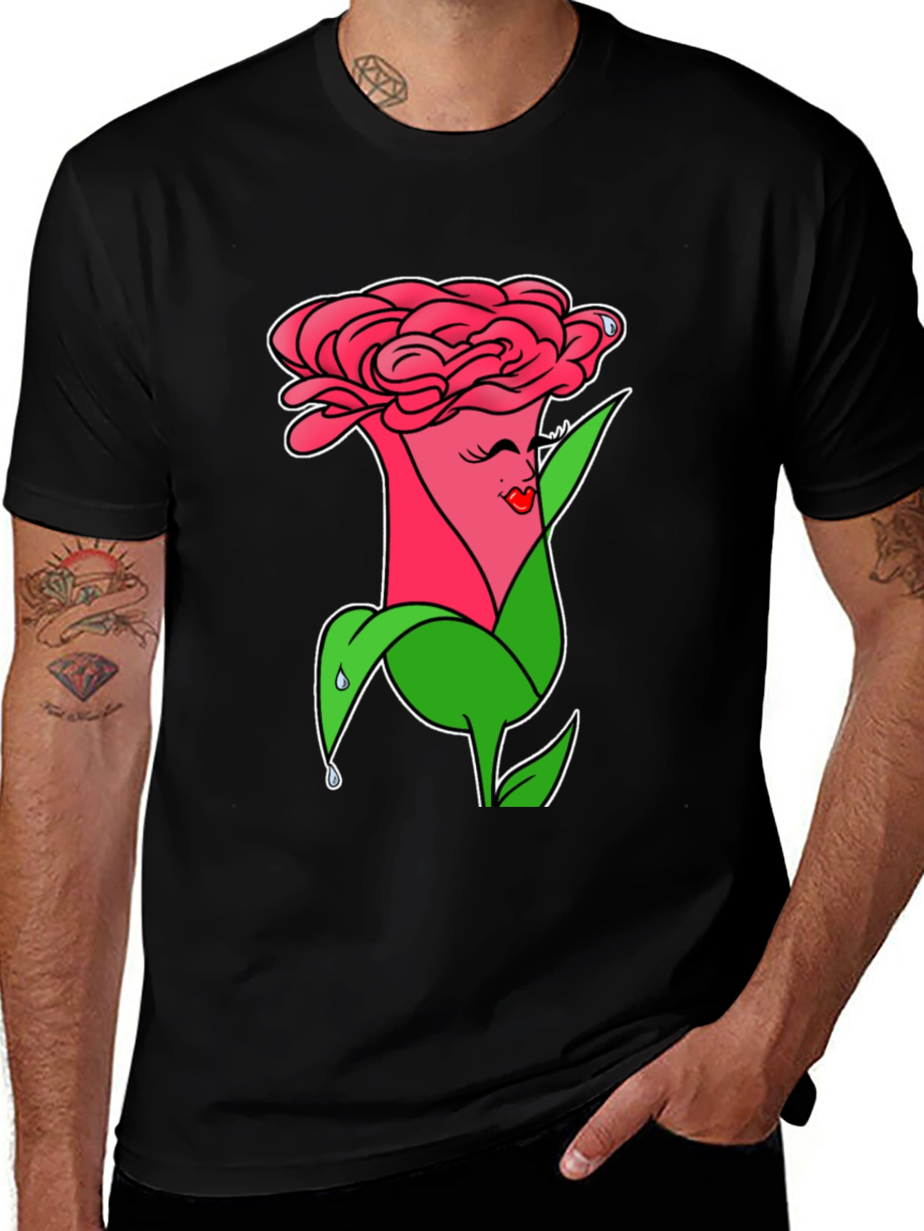 Camiseta Negra con Diseño Floral Animado