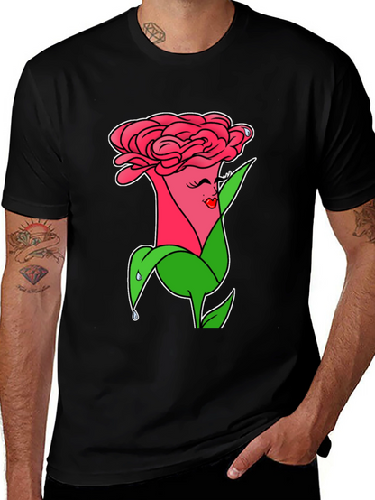 Camiseta Negra con Diseño Floral Animado