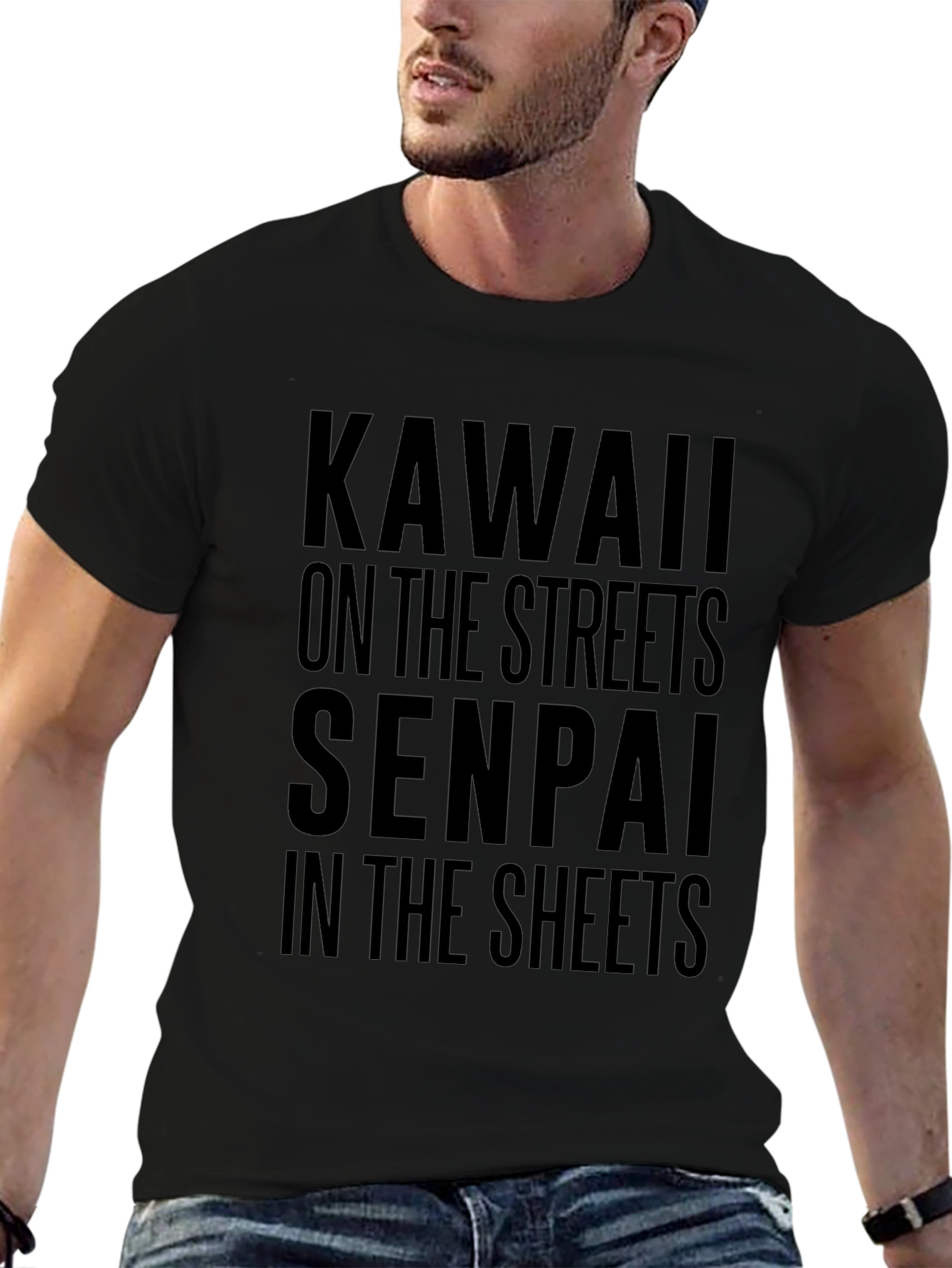 Camiseta Negra con Texto Kawaii y Senpai