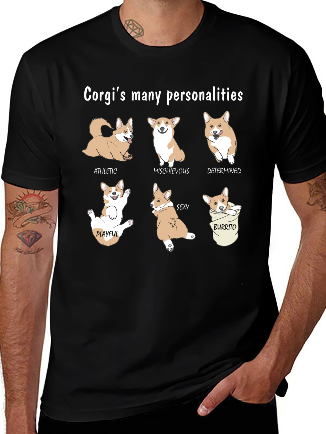 Camiseta Negra Corgis Many Personalities