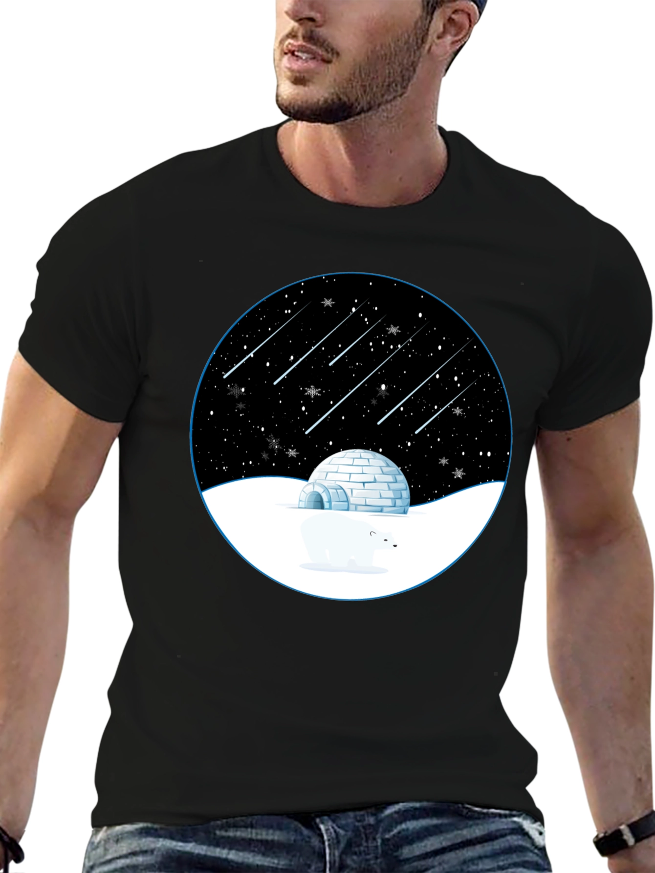 Camiseta Negra con Diseño de Invierno Estrellado